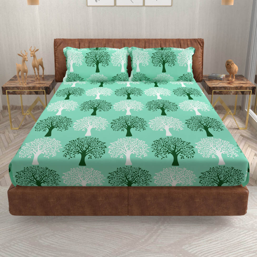 buy sea green nature tree super king size cotton bedsheets online – front view